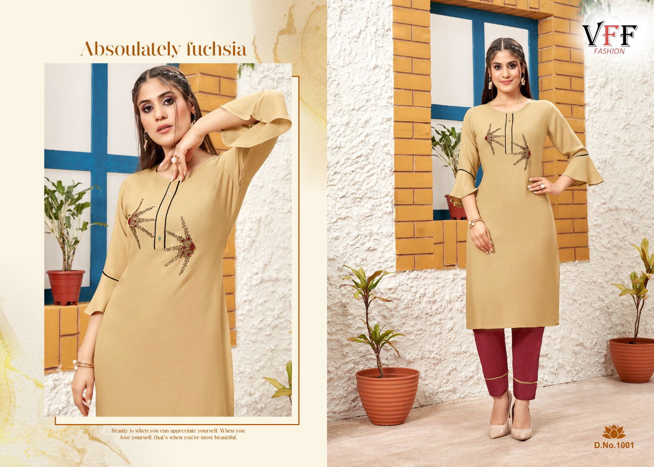 Vff Tulashi Rayon Designer Ethnic Wear Kurti With Pant Collection